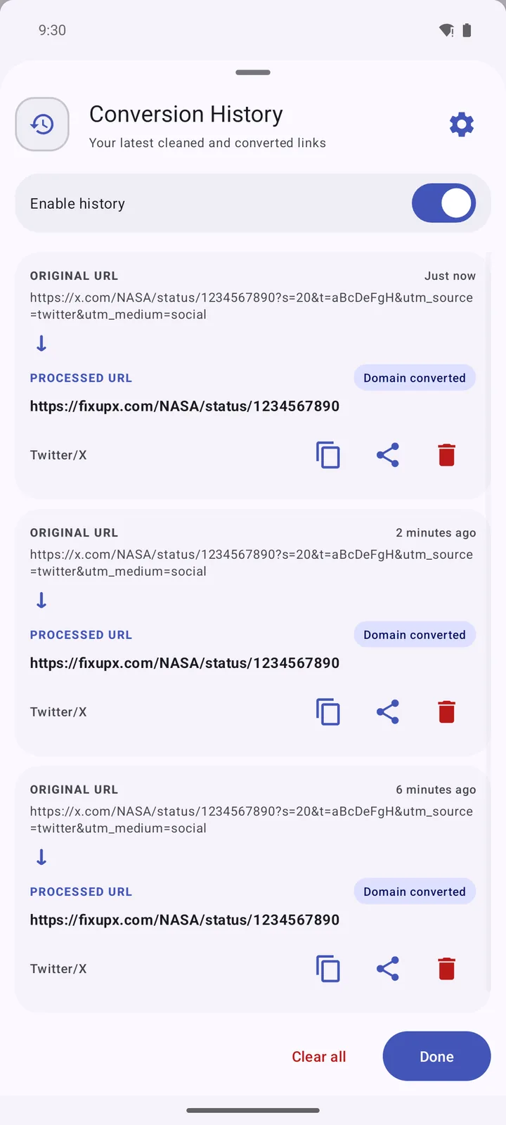 Previously processed links, each showing the original and the cleaned URL