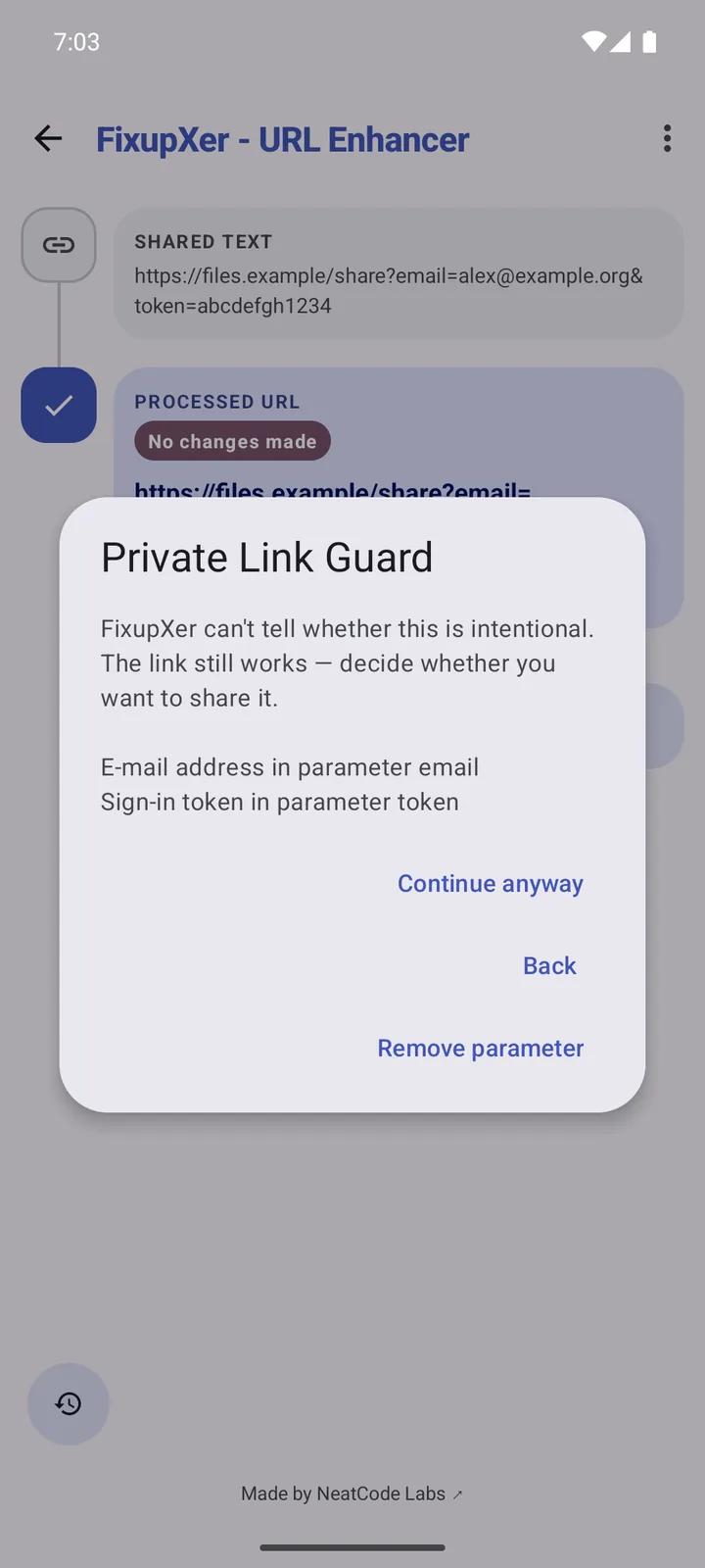 Private Link Guard warning that a demonstration e-mail address and sign-in token are still in the link