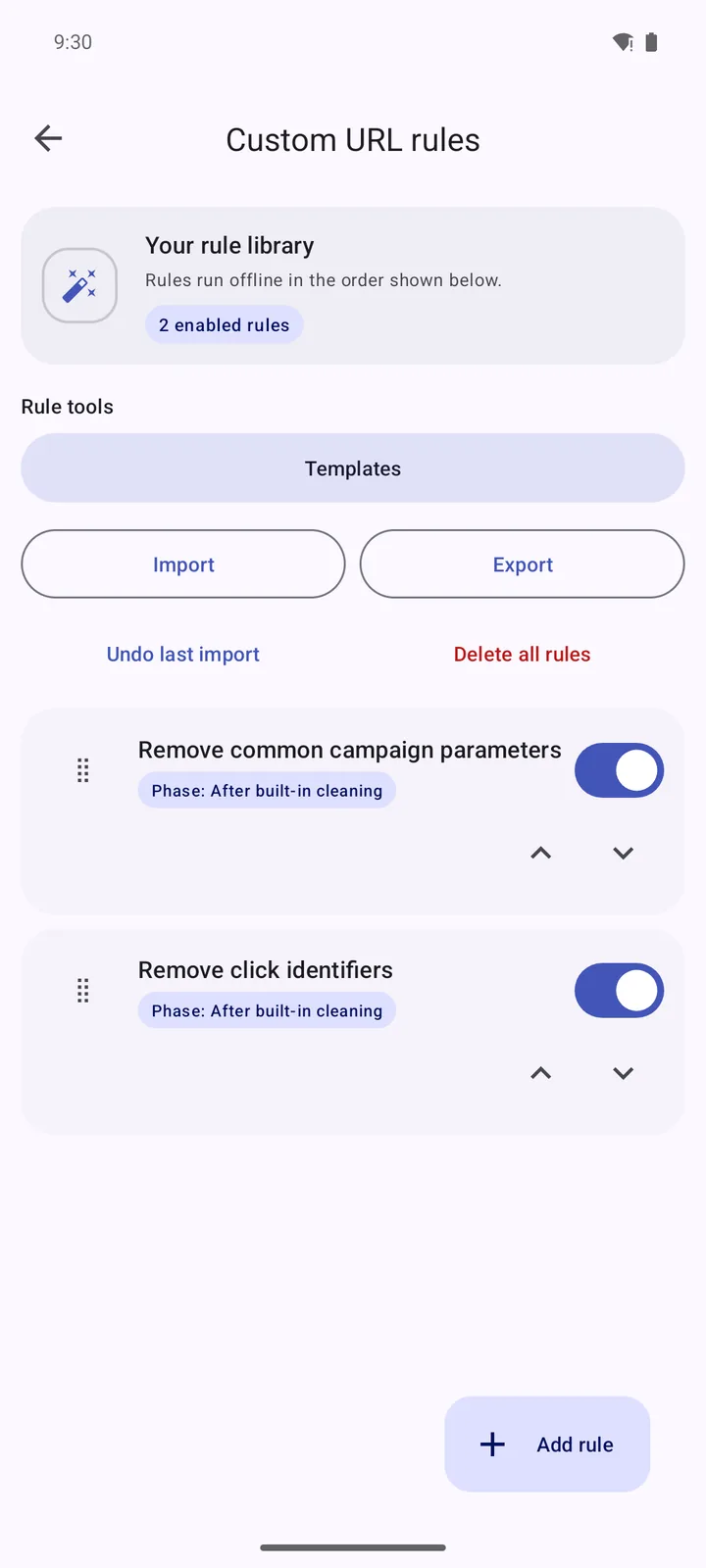 The rule library with two enabled offline rules