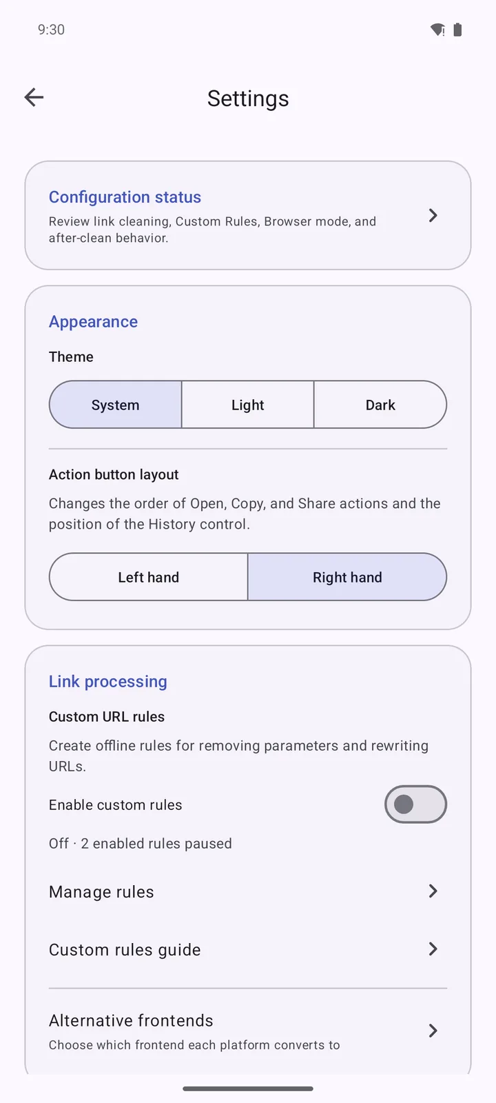 Theme, action layout and link-processing settings