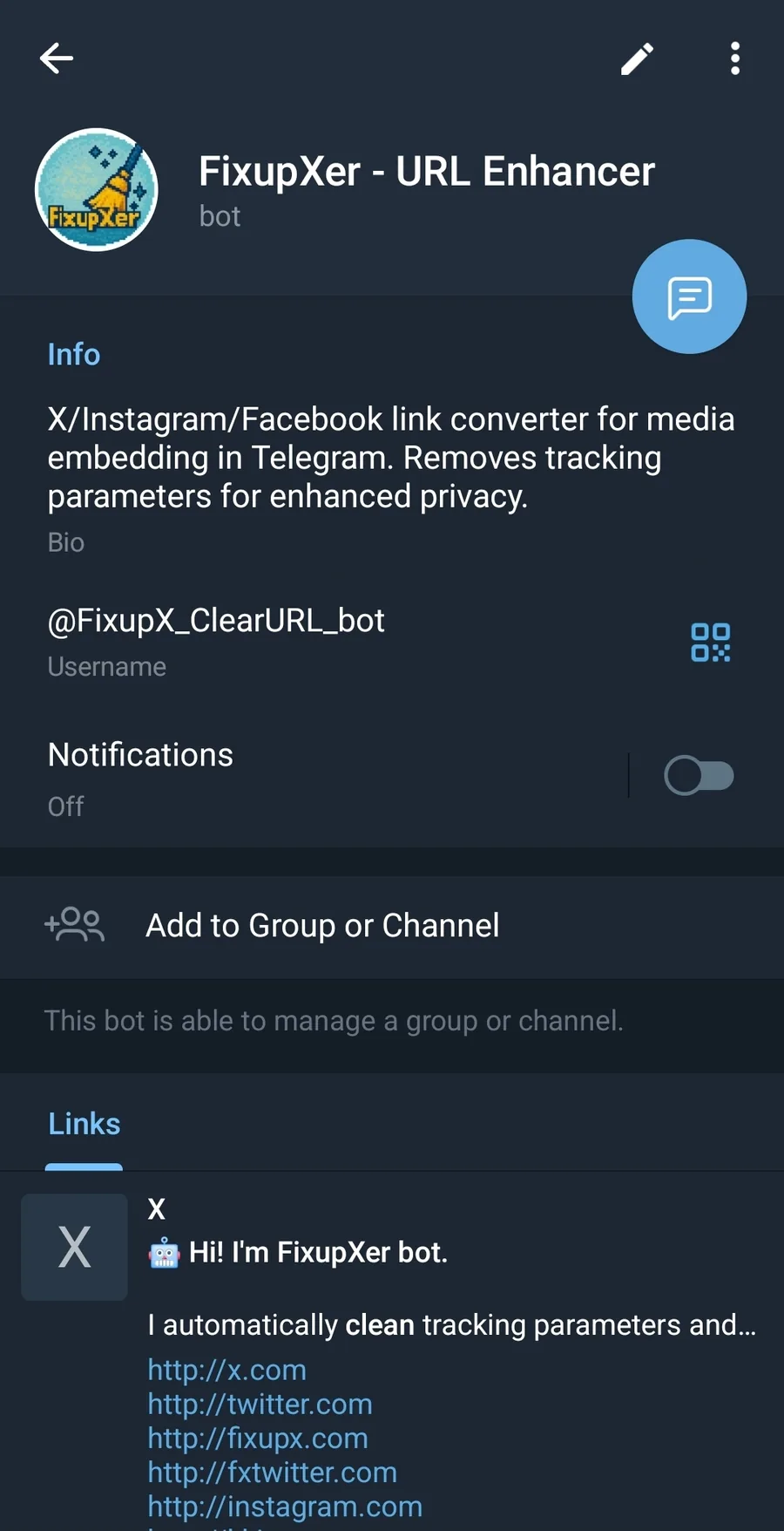 The FixupXer bot replying in a Telegram group with a cleaned, embedding link