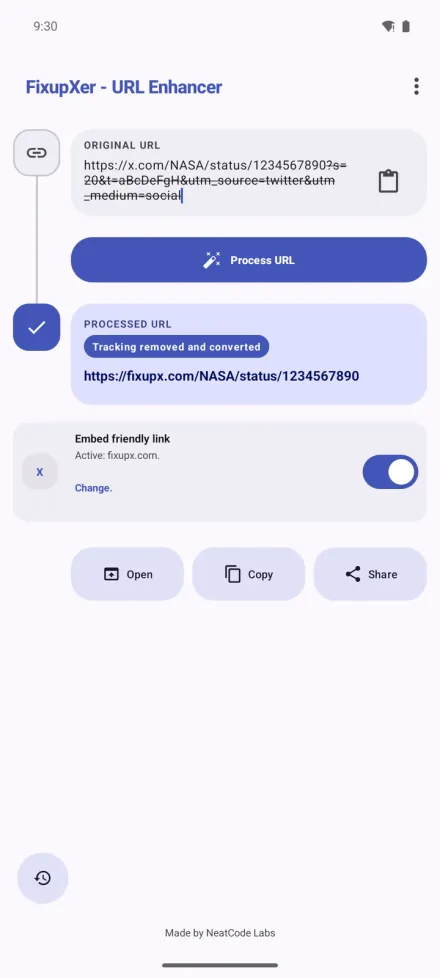 FixupXer showing a link with its tracking struck through and the cleaned result below
