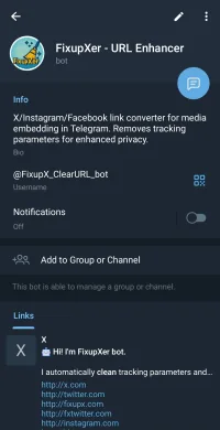 The FixupXer bot replying in a Telegram group with a link that previews correctly
